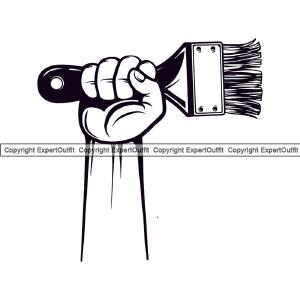 Black And White Hand Holding Painting Brush Vector Design Element Renovation Paint House Home Improvement Wall Room Painter Repair Renovating Service Work Worker Painter DIY Art Logo Clipart SVG Sale With Paypal