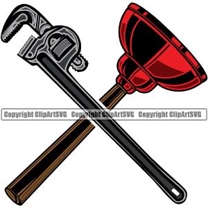 Plumber Plunger Wrench Crossed Design Element Pipe Repair Service Plumbing Work Kitchen White Background Tool Repairman Handyman Equipment Drain House Water Maintenance Bathroom Clipart SVG Wholesale Pice