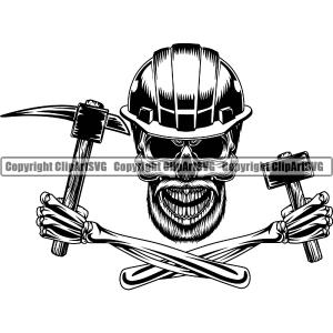 Mining Miner Mining Dig Digging Coal Rock Tool Skull Skeleton Arms Holding Hammer Hand Design Element Repair Service Business Company Design Logo Clipart SVG Discount View