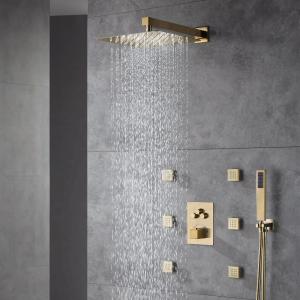 12'' or 6'' Brushed Gold Wall-Mounted 3-Way Thermostatic Shower System with Body Jets - Simultaneous and Separate Functionality Safe Shopping Cheap Online