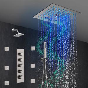 12-Inch Brushed Nickel Flush Mount Shower Faucet Set: 4-Way Thermostatic Control, 64-Color LED Lights, Bluetooth Music, Body Sprayers, and Regular Head Buy Cheap Order