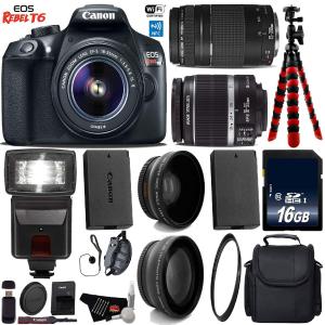 Canon EOS Rebel T6 DSLR Camera with 18-55mm is II Lens & 75-300mm III Lens   Flash   UV FLD CPL Filter Kit   Wide Angle Discount Best Place