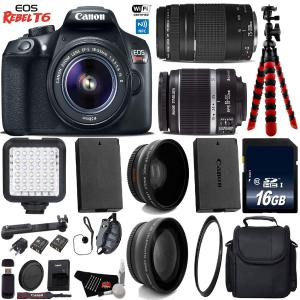 Canon EOS Rebel T6 DSLR Camera 18-55mm is II Lens & 75-300mm III Lens   LED   UV FLD CPL Filter Kit Base Bundle Sale 2025 New