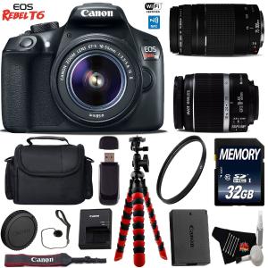 Canon EOS Rebel T6 DSLR Camera with 18-55mm is II Lens & 75-300mm III Lens   Flexible Tripod   UV Protection Filter Starter Bundle Cheapest For Sale