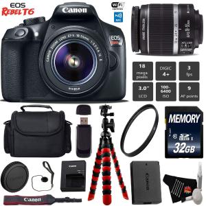Canon EOS Rebel T6 DSLR Camera 18-55mm is II Lens   Flexible Tripod   UV Protection Filter   Professional Case Starter Bundle Discount Choice