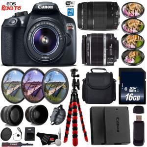 Canon EOS Rebel T6 DSLR Camera with 18-55mm is II Lens & 75-300mm III Lens   UV FLD CPL Filter Kit   4 PC Macro Kit Base Bundle Sale Low Cost