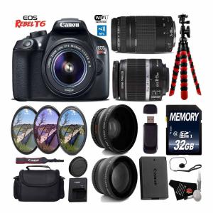 Canon EOS Rebel T6 DSLR Camera with 18-55mm is II Lens & 75-300mm III Lens   UV FLD CPL Filter Kit Starter Bundle Clearance Genuine
