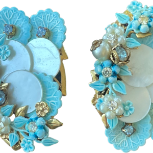 40s/50s Blue Celluloid And Pearl Flower Clip Ons Good Selling Cheap Pice