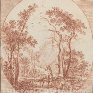 Art Print : Baptiste Le Prince, A Farmer and a Sheep Crossing a Rustic Bridge - Vintage Wall Art High Quality For Sale