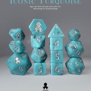 14pc Iconic Turquoise Polyhedral Dice Set with Silver Ink With Mastercard For Sale