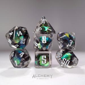 7pc Exotic Green Galaxy  with Silver Ink by Alchemy Dice New For Sale