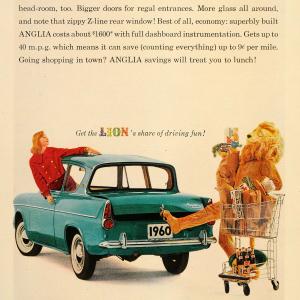 1960 Ad Green Ford Motor Anglia Auto Lion Shopping Cart - ORIGINAL CARS7 Free Shipping Perfect