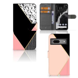 Google Pixel 7 Book Case Zwart Roze Vormen Clearance Newest