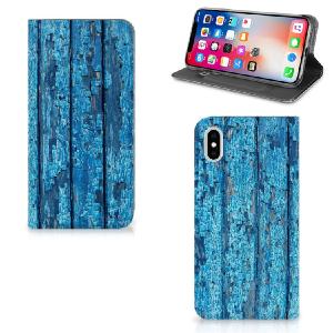 Apple iPhone Xs Max Book Wallet Case Wood Blue Cheap Pirce