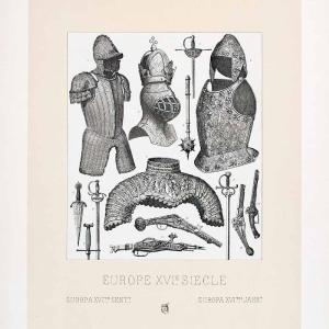 1888 Chromolithograph Military Armor Battleaxe Helmet 16th Century Pistol LCH3 Free Shipping Tumblr