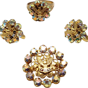 60s Gold Tone Rhinestone Ring Brooch Earrings Set by Fraternal Order Of The Eagles Cheap Sale Visit