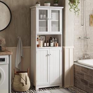 Tall Bathroom Storage Cabinet with Glass Doors, 1 Middle Open Compartment & Adjustable Shelves, Large Linen Cabinet for Bathroom, Kitchen, 11.8" D x 23.6" W x 64" H, White Newest
