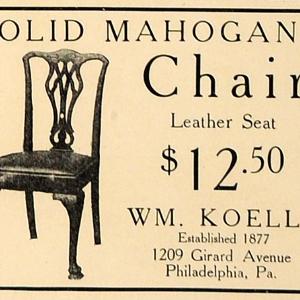 1907 Ad WM. Koelle Mahogany Chair Leather Seat Pricing - ORIGINAL CL4 Visa Payment For Sale