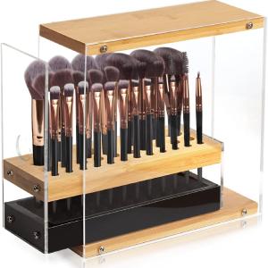 31-Hole Acrylic Bamboo Brush Holder with Leather Drawer Black Outlet Fashion Style