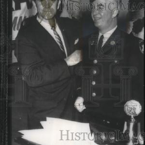 1957 Press Photo J S Gleason R, Gets a New Cap From Retiring Commander W Daniel Outlet Newest