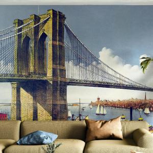 Vintage Brooklyn Bridge Illustration Wallpaper Mural - The Great East River Suspension Bridge. #6408 Sale View