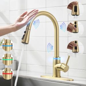 VIDEC KW-70J Smart Touch On Kitchen Faucet, 3 Modes Pull Down Sprayer, Smart Touch Sensor Activated, LED Temperature Control, Auto ON/Off, Ceramic Valve, 360-Degree Rotation, 1 or 3 Hole Deck Plate. Find Great Cheap Online
