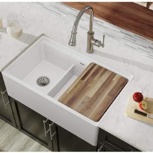 White 33" L x 20" W Double Basin Farmhouse/Apron Kitchen Sink with Cutting Board, White (#K6345) Free Shipping With Mastercard