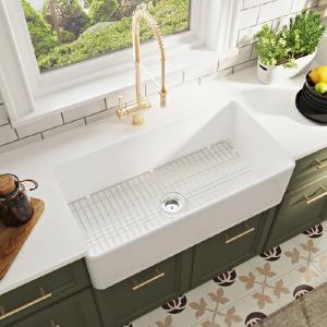 White Grove Rectangular Single Bowl Fireclay Farmhouse Kitchen Sink with Grid and Strainer 2025 New Sale Online
