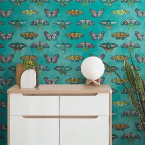 Butterfly Pattern on Green Background Wall Mural. Retro Green, Pink and Gold Color Illustration Design. Bedroom, Nursery, Home Decor. Peel and Stick Wallpaper. #6440 Outlet Online Shop