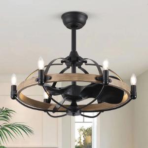 Wood Grain Ceiling Fan with Light Remote Control 6-Light Wagon Wheel Farmhouse Ceiling Fans Caged Chandelier Fan - Wood Grain Fashionable Cheap Pice