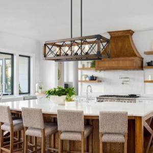 Wood Kitchen Chandelier 5-Light Linear Farmhouse Black Island Dining Room Chandelier Pendant with Rustic Rectangle Frame Pay With Visa Cheap Pice