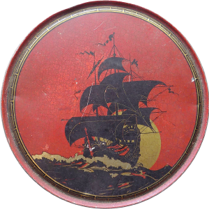 20s Art Deco Cookie Tin with Old Sailing Vessel In Full Sail Against a Setting Sun Dark Redgold Detail No I. D. Marks Reliable Online