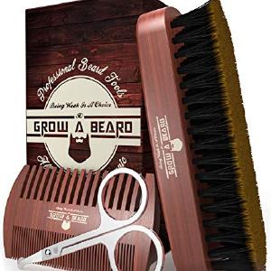 Beard Brush For Men & Beard Comb Set w/Mustache Scissors Grooming Kit, Natural Boar Bristle Brush, Dual Action Wood Comb, And Travel Bag Great For Christmas Gift (Brown) High Quality For Sale