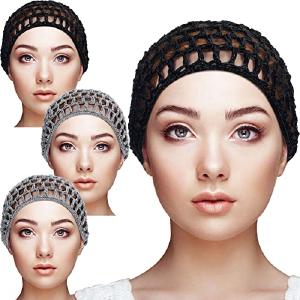 4 Pieces Mesh Crochet Hair Net Rayon Knit Snood Hat Thick Short Women Hairnet Snoods Cover Ornament for Sleeping (Black, Gray) Visit