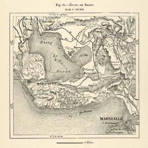 1882 Relief Line-block Map Lagoon Etang de Berre France Map Topographic XGS6 Visit