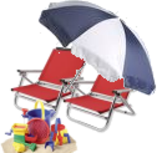 Beach Chairs (2), Beach umbrella, Bag of Toys Outlet Extremely