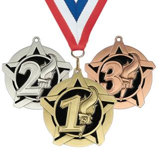 2-1/4" Super Star Series Place Medals on 7/8" Neck Ribbons | 1st 2nd 3rd With Credit Card Free Shipping