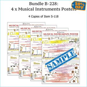 Bundle B-228: FOUR Musical Instruments Posters, Laminated Reference Wall Charts. FREE SHIPPING USA & Canada. Sale Fast Delivery
