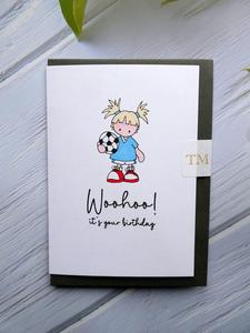 Hand drawn Birthday Card, Girl with Football Cheap Finishline