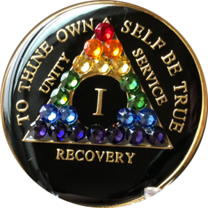 1 Year AA Medallion Black Rainbow Crystal Sobriety Chip Outlet Factory Outlet