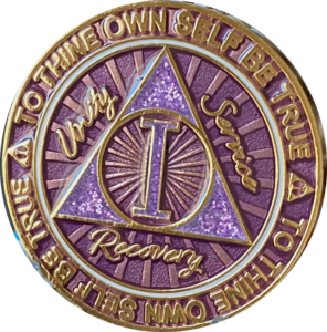 1 Year AA Medallion Cosmic Purple Glitter Gold Plated Sobriety Chip Pick A Best Sale Online