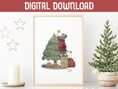 Christmas Mouse Decorating Tree - Digital Print Genuine For Sale
