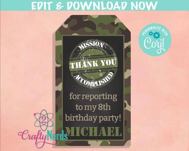 Army Birthday Thank You Tag, Army Tag, Army Label, Army Favor Label | Editable Instant Download | Edit Online NOW Corjl | INSTANT ACCESS Free Shipping Purchase