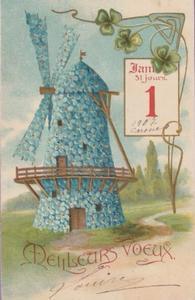 Embossed Antique French Postcard Printed in Germany, Embossed Windmill, Blue Forget Me Not Flowers, Happy New Year Cheap Get To Buy