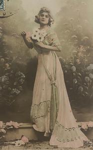 French Antique Postcard, Glamorous Lady, Long Lacy Dress, Bouquet Flowers // Vintage Paper Ephemera, Franked 1909 Explore Online