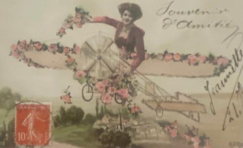 French Antique Postcard, Glamorous Lady Flying a Plane Decorated with Flowers // Vintage Paper Ephemera, Franked 1909 Buy Cheap Genuine