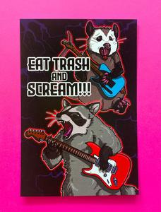 Eat Trash and SCREAM Raccoon and Possum with Guitars - Postcard Mini Art Print 4 x 6 inches Cheap Visa Payment
