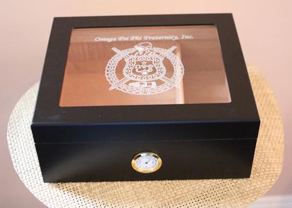 Omega Psi Phi Black Finish Glass Top Cigar Humidor (Holds 40-50) Latest Collections For Sale