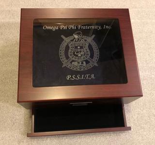 Omega Psi Phi Cherry Finish Glass Top Cigar Humidor (Custom) with Storage & digital hygrometer. 2025 Sale Online
