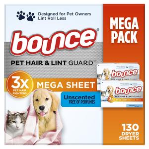 Bounce Pet Hair and Lint Guard Mega Dryer Sheets with 3X Pet Hair Fighters, Unscented, 130 Count Buy Cheap With Mastercard